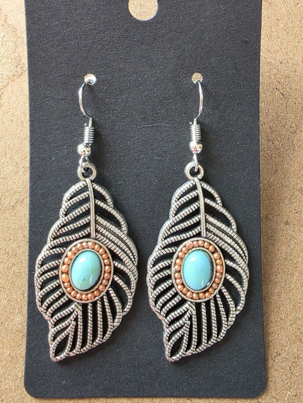 Turquoise Stone Feather Drop Earrings - Silver Tone